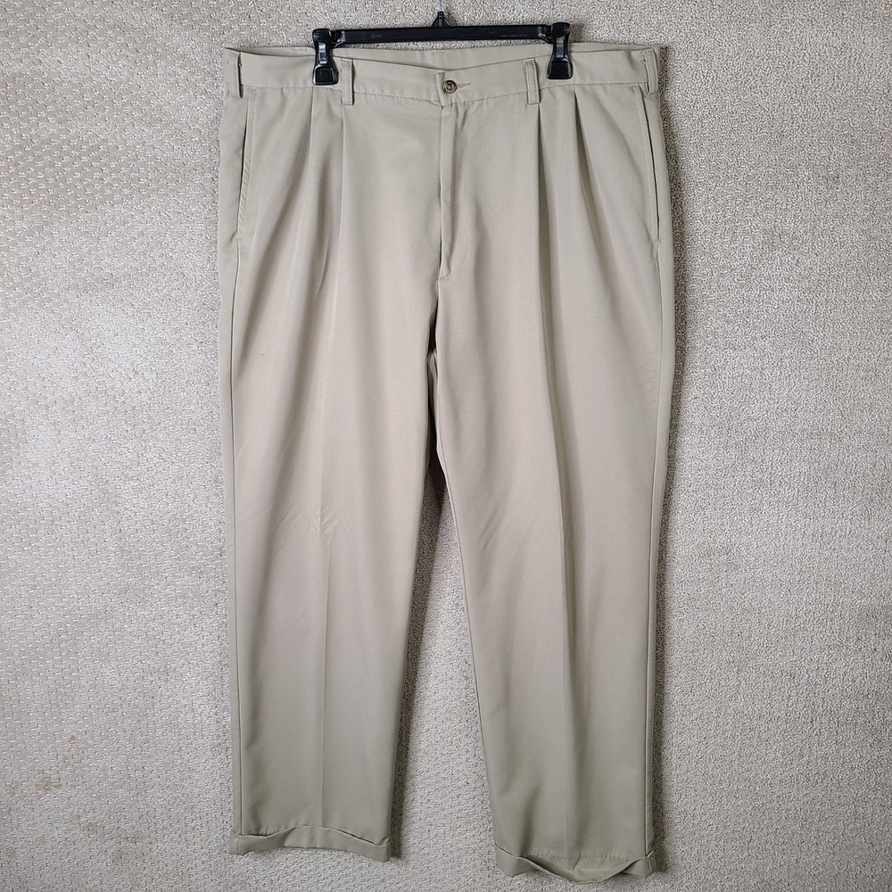 Haggar Pants Mens 40X32 Beige Pleated Cool 18‎ Polyester Dress Cuffed Office